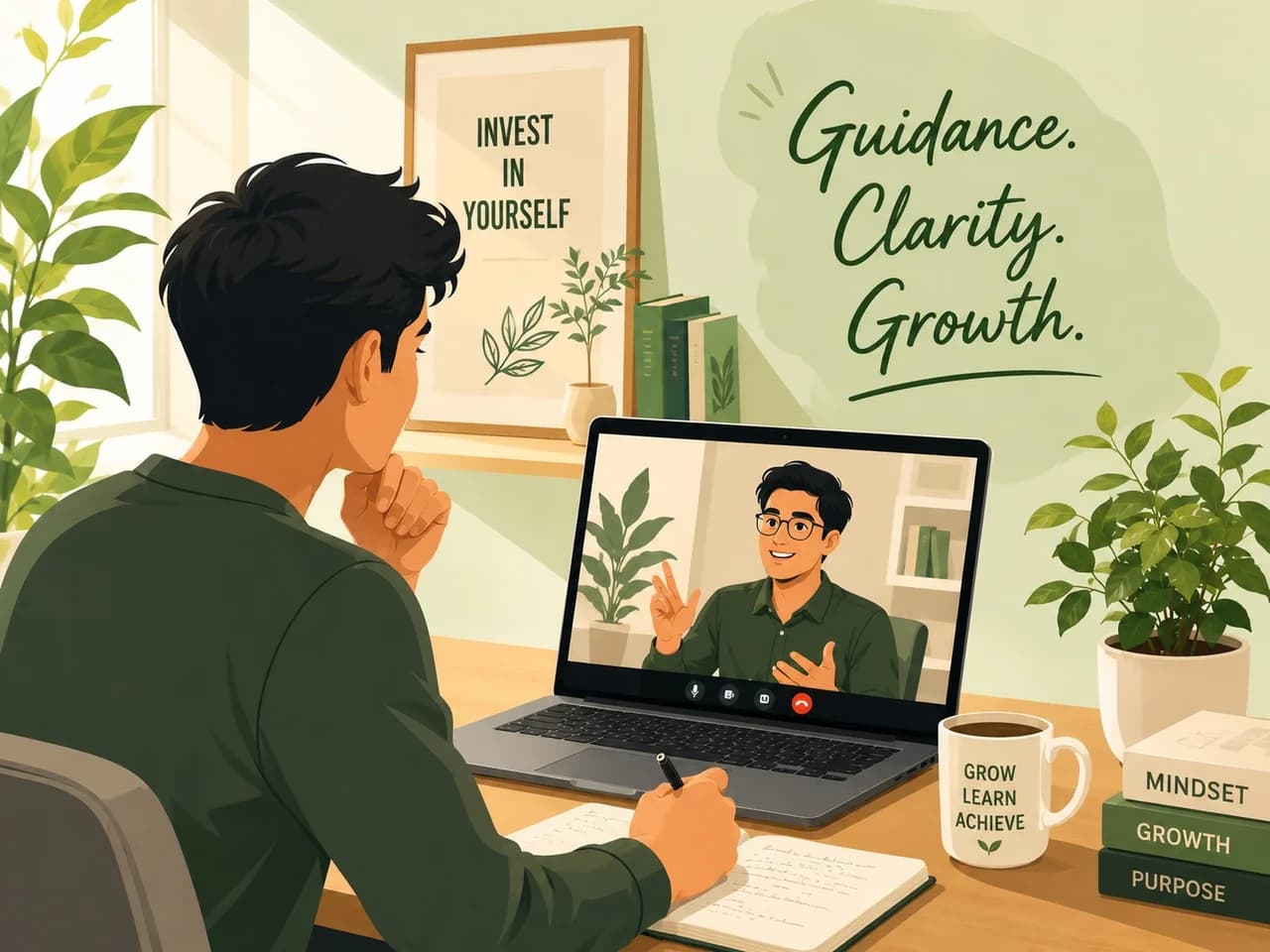 Illustration of a 1:1 ESG mentorship video call — a mentee taking notes while a mentor speaks